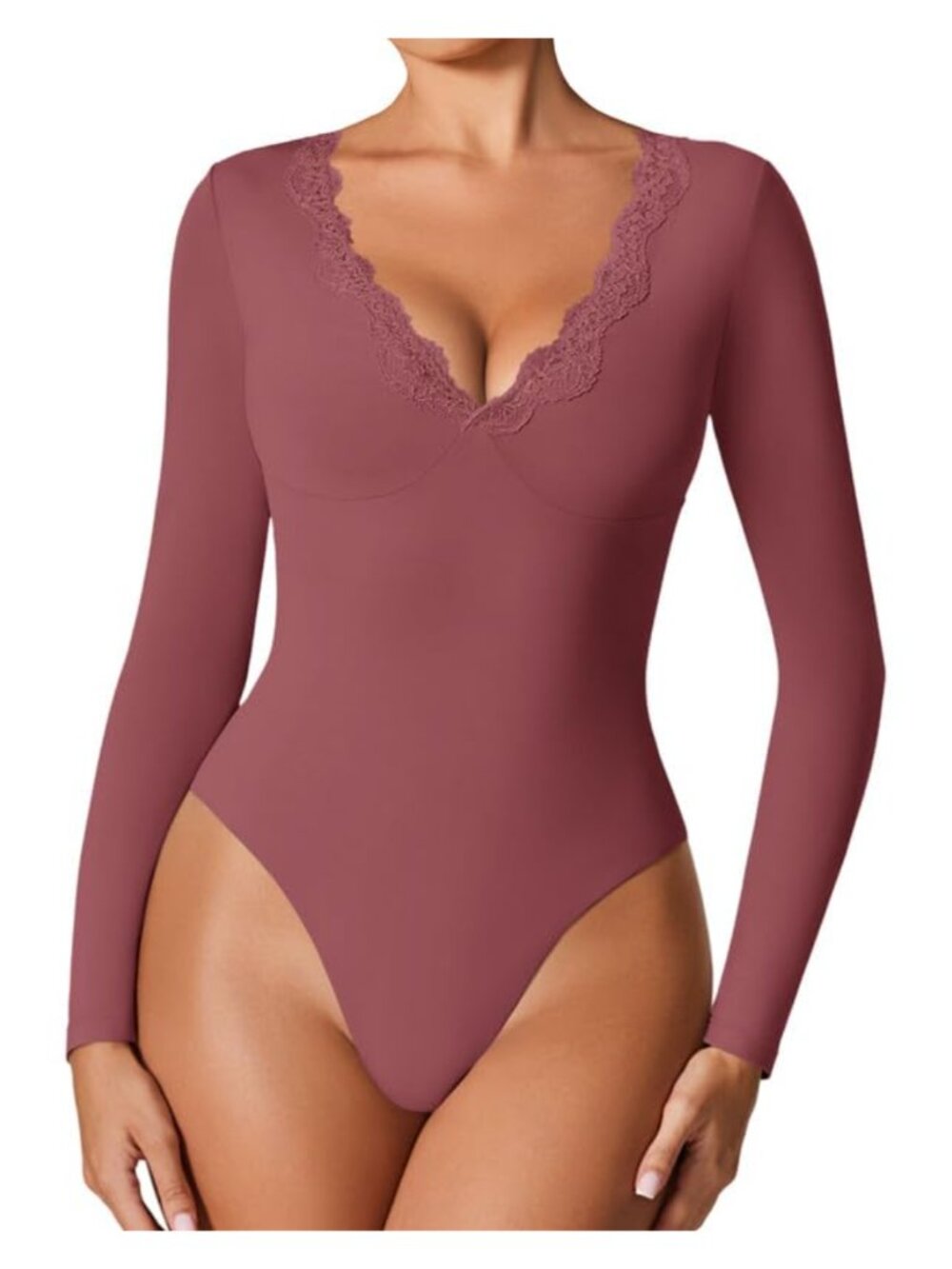 Long Sleeve Lace V Neck Bodysuit Thong One Piece Shapewear Top